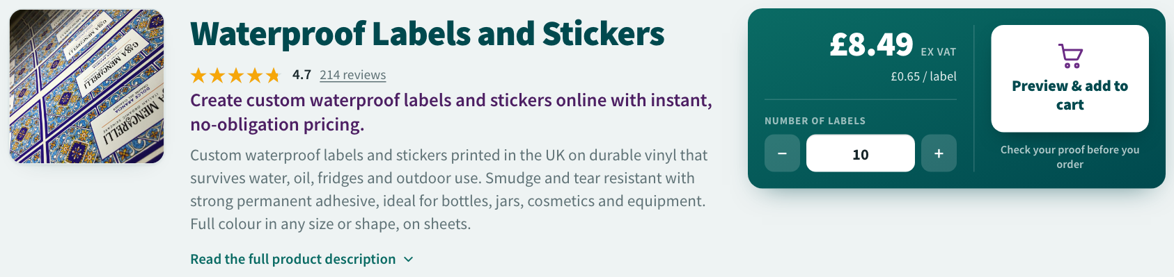 Product page header showing the live price, quantity stepper and Preview and add to cart button