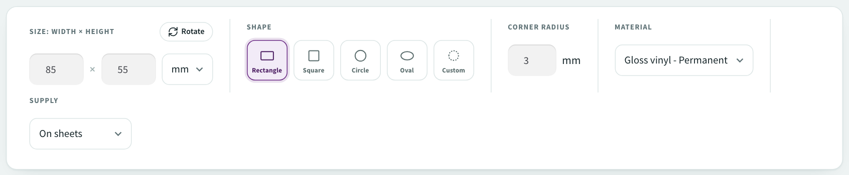 Product options: size in mm, shape, corner radius, material and supply format