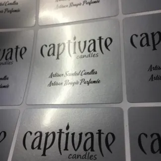 Labels printed on Silver Satin Metallic Vinyl – Permanent